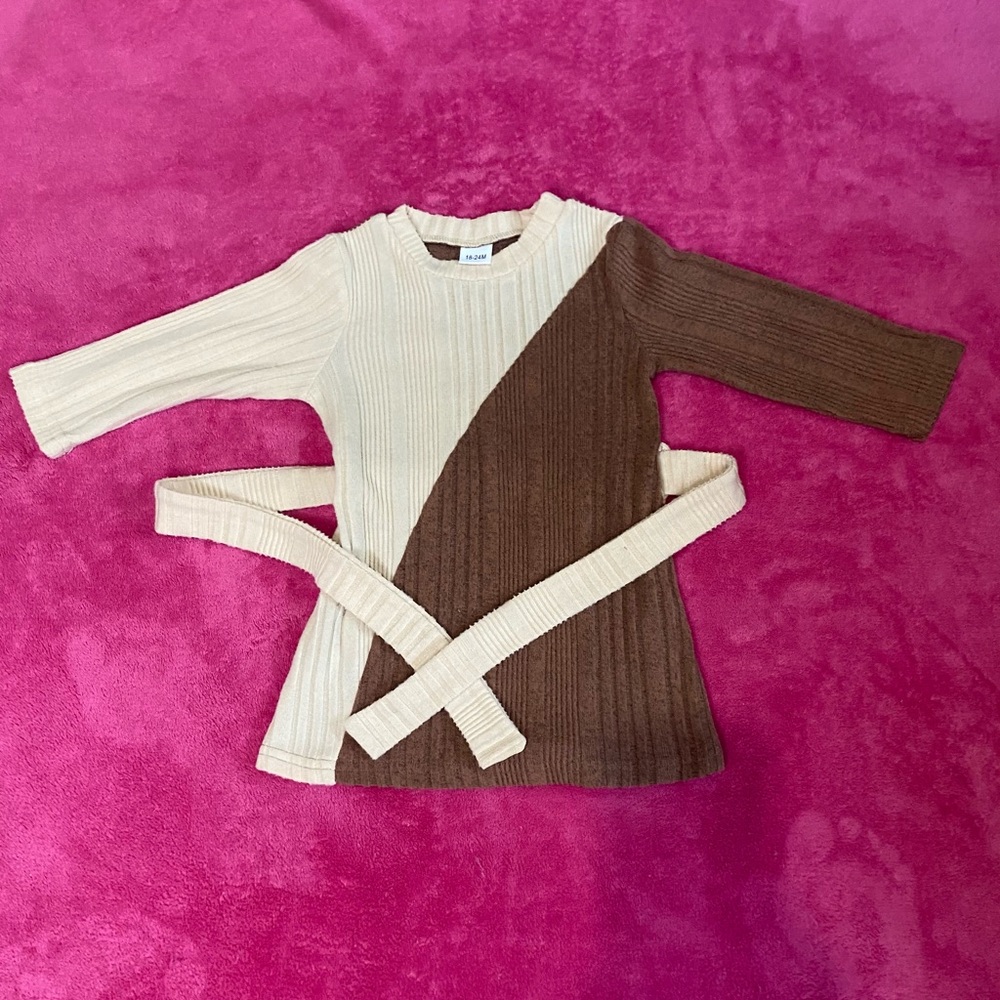 Kids' Cream and Brown Ribbed Dress